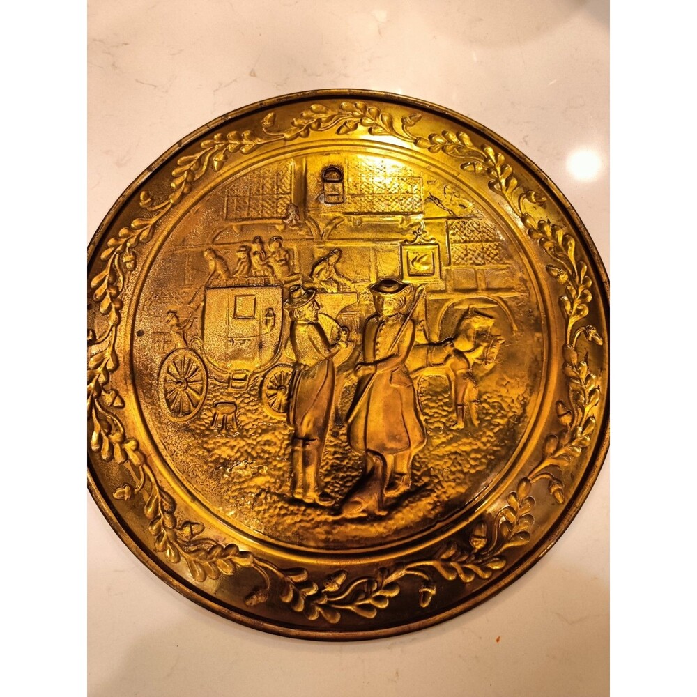 Vintage Brass MC Wall Decor Plate England 14" Tavern Pinape Repousse Relief Pair